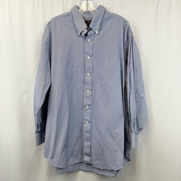 Members Mark Mens Button Down Shirt Blue White Striped Long Sleeve Pocket 17.5 - Picture 1 of 11